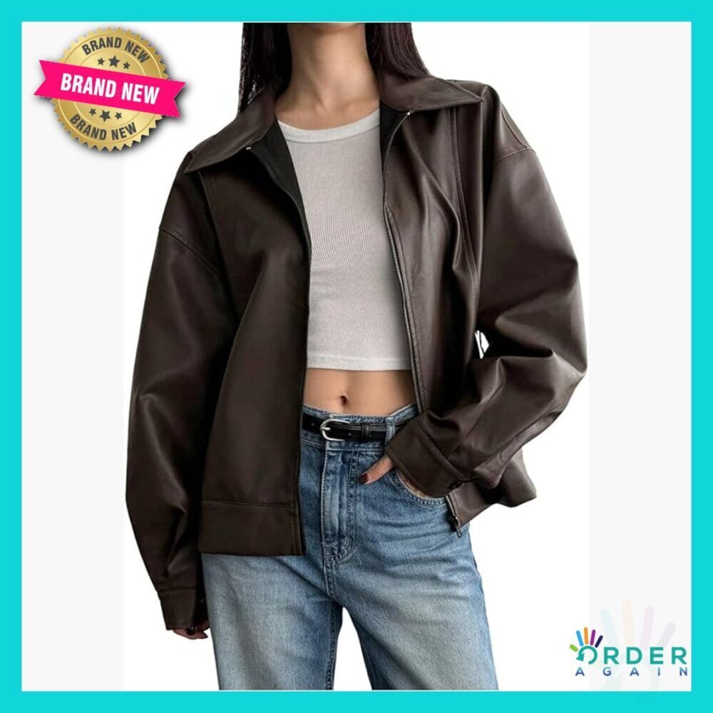 Faux Leather Motorcycle Jacket Oversized Zip Up Collared Y2K Chic Outerwear